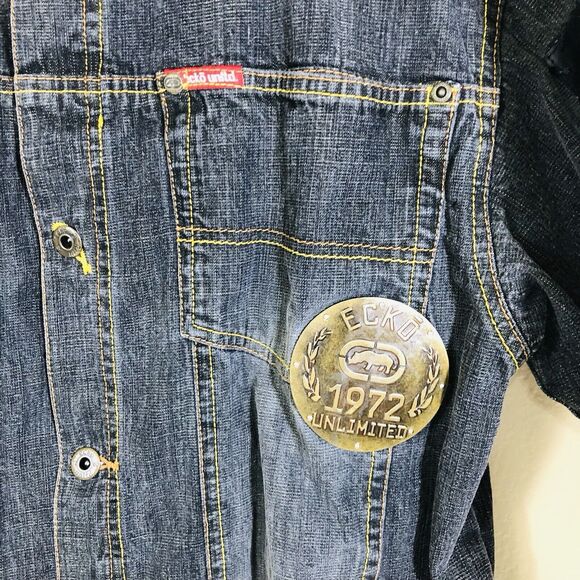 Vintage Ecko Unltd. Denim Jacket Leather Patchwork Rhino Men's Large - Picture 5 of 12